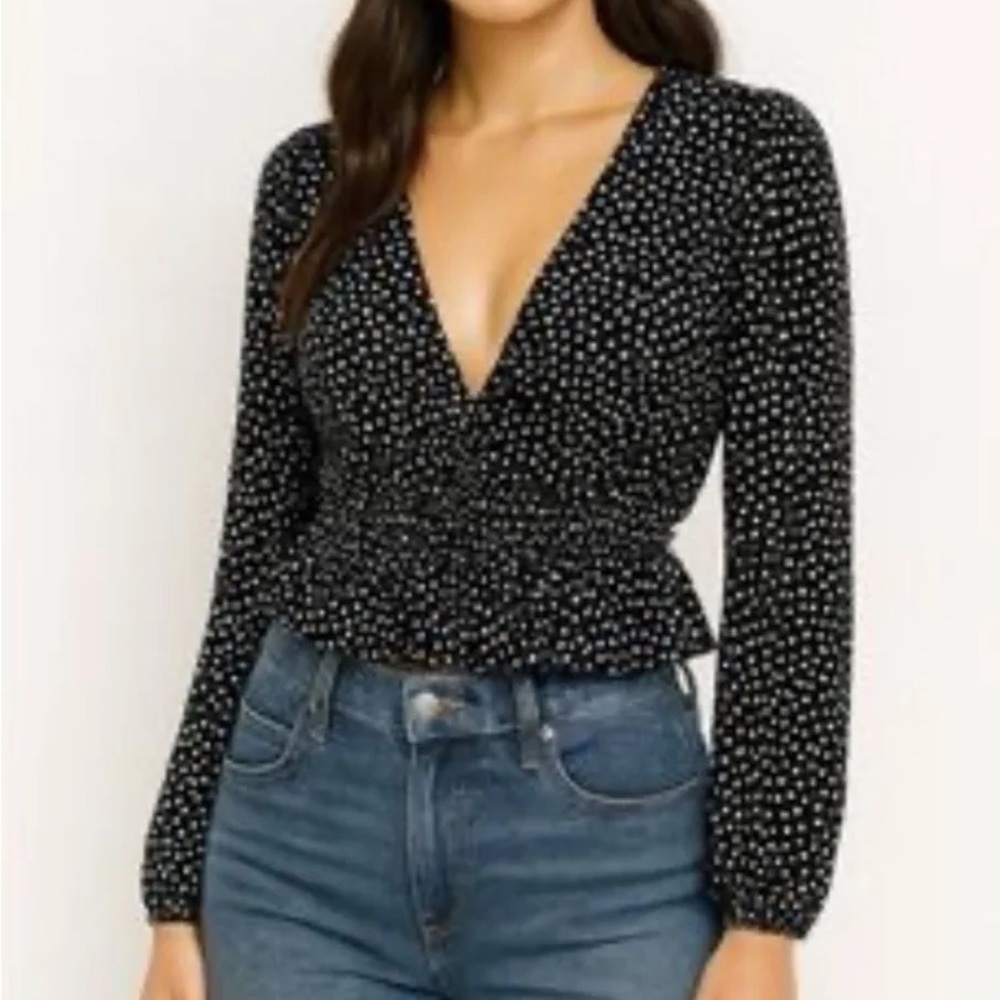 Zara Black and White Polka Dot V-Neck Smocked Waist Top